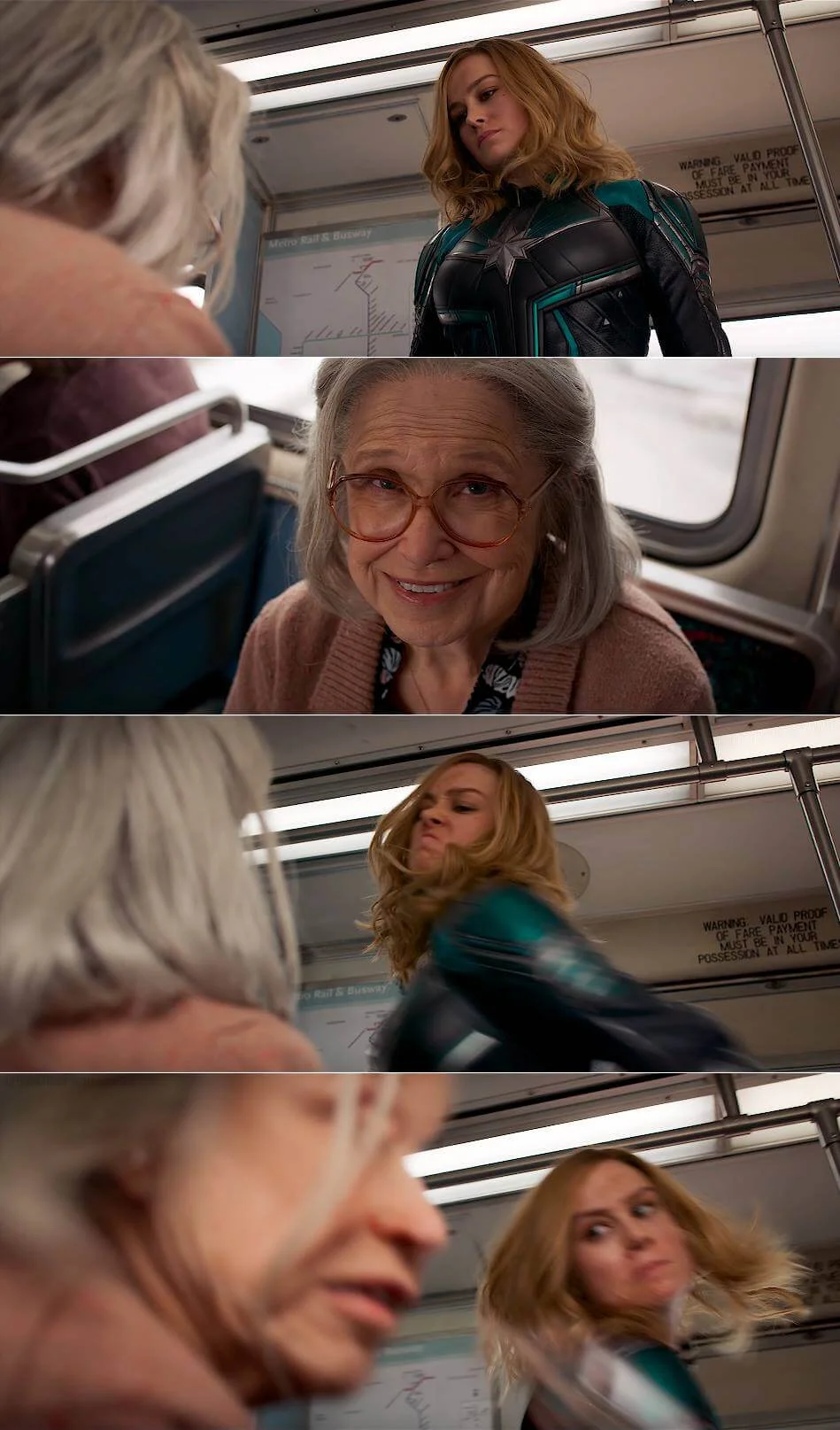 Primera plantilla de Captain Marvel golpeando a una abuela