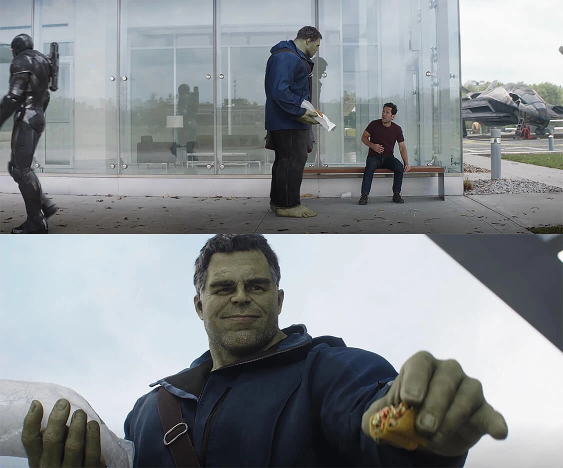 Primera plantilla de Hulk ofreciéndole taco a Ant-Man