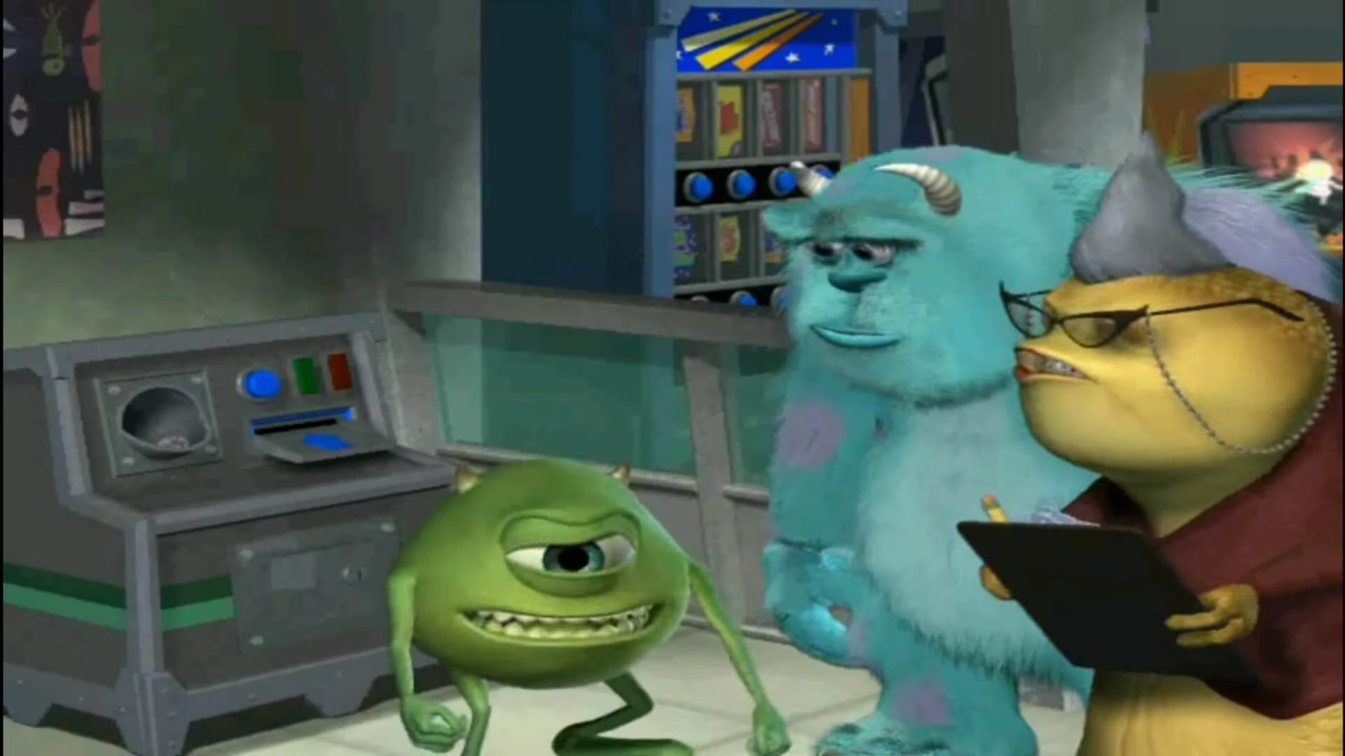 Plantilla de Mike wazowski explicando algo | sullivan y la profesora atendiéndole numero 2