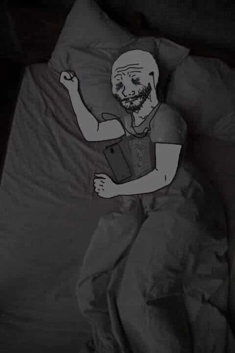 Primera plantilla de Wojak dormiendo mientras escucha música